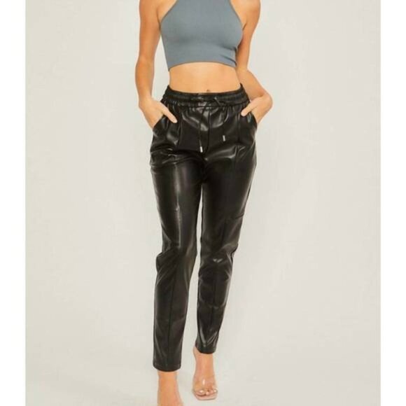 Love Tree Women Cognac Faux Leather‎ Pants Large elastic waistband - Picture 1 of 6